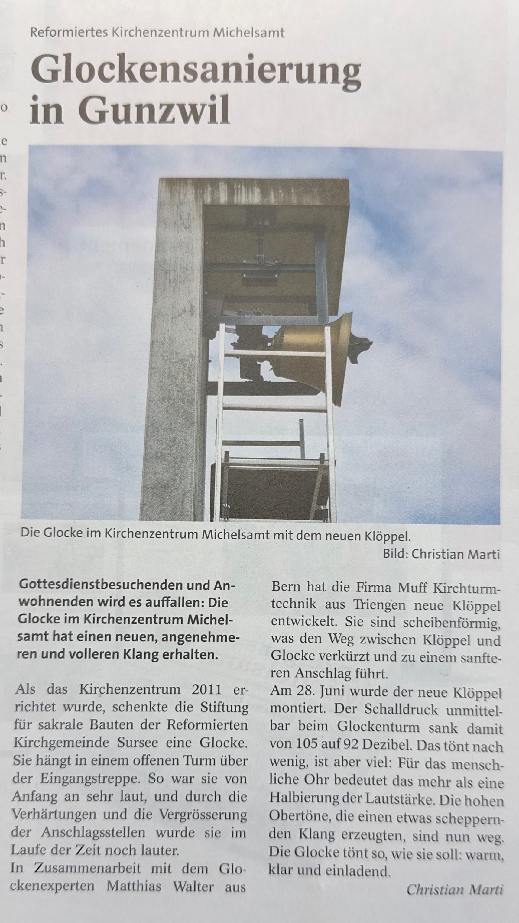 Zeitungsartikel über die neuen Ankerklöppel in Gunzwil